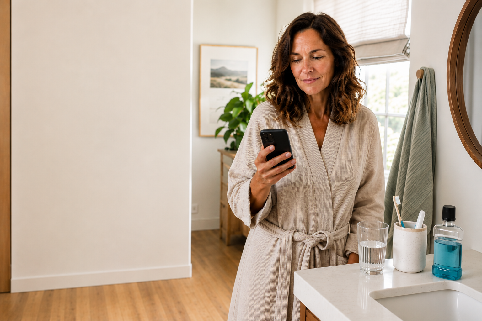 Woman checking a morning freshness scorecard on her phone